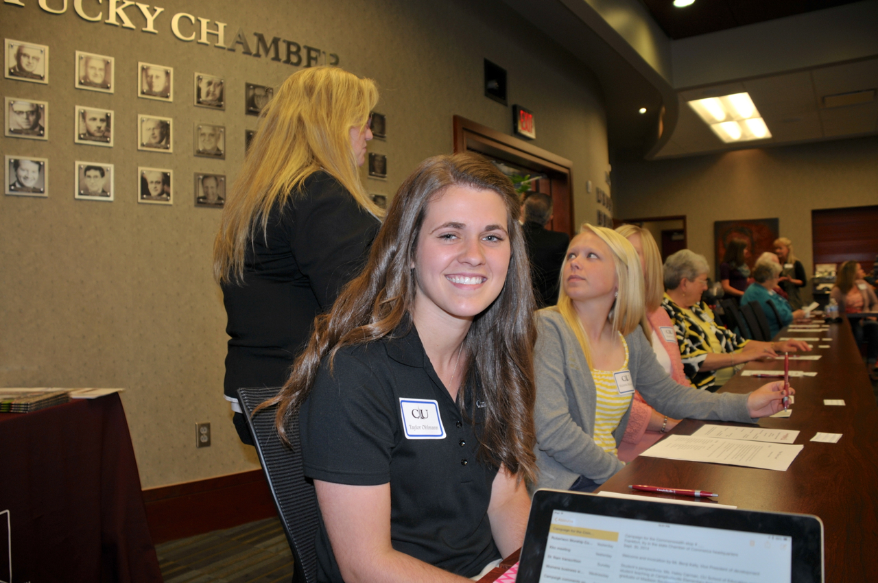 Taylor Ohlmann, CU School of Education  sophomore from Louisville, spoke at the Frankfort  Campaign for the Commonwealth luncheon.  (Campbellsville University Photo by Linda  Waggener)