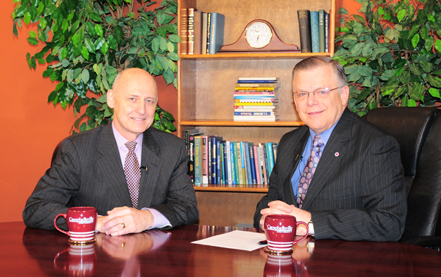 Campbellsville University’s WLCU TV-4 will air a “Dialogue on Public Issues” show with Dr. R. Alton Lacey, president of Missouri Baptist University and director and chair of the International Association of Baptist Colleges and Schools, and John Chowning, vice president for church and external relations and executive assistant to the president, during the taping.  The show will air on WLCU TV-4, Comcast Cable Channel 10, Sunday, March 7, at 8 a.m.; Monday, March 8, at 1:30 p.m. and 6:30 p.m.; and Wednesday, March 10, at 1:30 p.m. and 7 p.m. (Campbellsville University Photo by Linda M. Waggener)