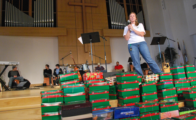 Laura Clark, who was in charge of Operation Christmas Child, talks about the Operation Christmas Child at chapel. (Campbellsville University Photo by Munkh-Amgalan Galsanjamts)