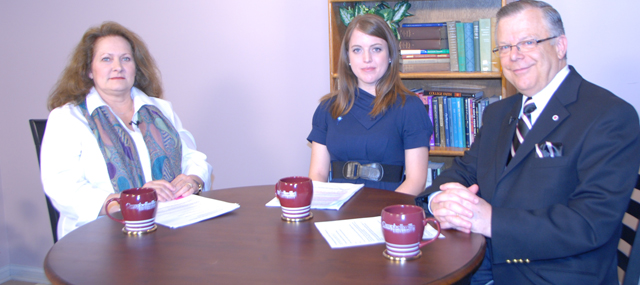 Campbellsville University’s John Chowning, vice president for church and external relations and executive assistant to the president of CU, right, interviewed Pam Eads, left, executive director of the Lake Cumberland Child Advocacy Center, and Laura Chowning, MPA, community development coordinator, Prevent Child Abuse Kentucky, on Campbellsville University’s WLCU’s show “Dialogue on Public Issues.” They discussed Prevent Child Abuse Month, which is in April. The show will air Sunday, March 27 at 8 a.m.; Monday, March 28 at 1:30 p.m. and 6:30 p.m. and Wednesday, March 30 at 1:30 p.m. and 7 p.m. The show is aired on Comcast Cable Channel 10. (Campbellsville University Photo by Emily Campbell)