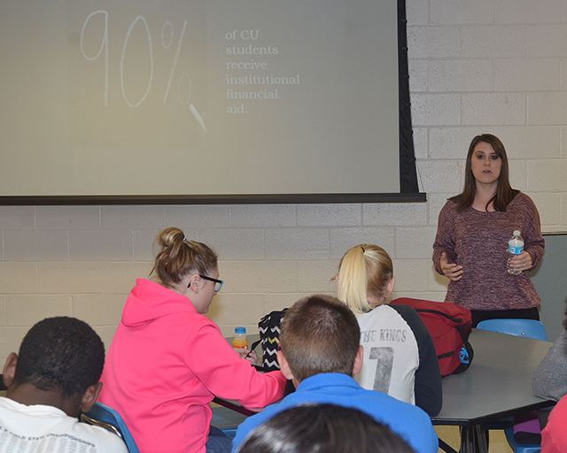 CU Admissions Counselor Lauren Willis speaks to a group