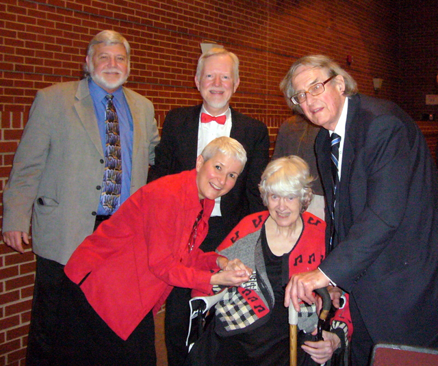 Doris Farrar, seated, and Lloyd Farrar, top right, attended the dedication concert of the Vogt-Farrar Piano Collection at Campbellsville University. At far left is Dr. Robert Gaddis, dean of the CU School of Music; Dr. Wesley Roberts, professor of piano; and his wife, Sida, holding Mrs. Farrar’s hand. (Campbellsville University Photo by Sarah Ames)