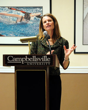 Dr. Lynn Cohick, associate professor of New Testament at Wheaton College, speaks to  Campbellsville University theology students  following the weekly chapel service.  (Campbellsville University Photo by Ashley Wilson)