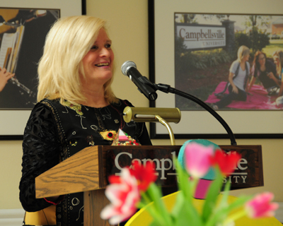 CU alumna Martha Stein spoke about opening up her own team room after she retired from teaching.  (Campbellsville University Photo by Mikayla Smith)