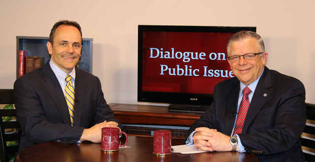 Dr. John Chowning, vice president for church and external relations and executive assistant to the president of Campbellsville University, right, interviews Matt Bevin, Republican candidate  for Kentucky governor, for his “Dialogue on Public Issues” show. 