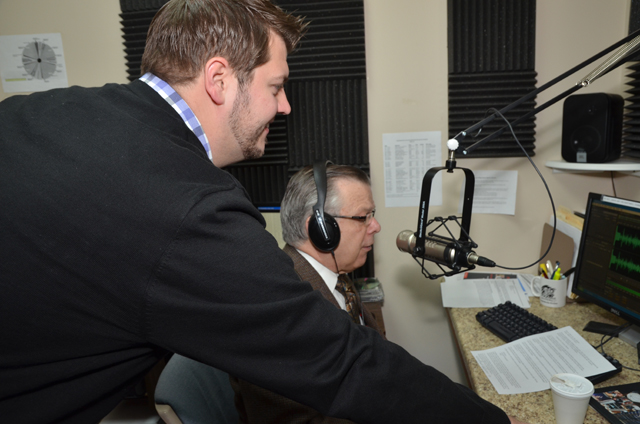 John Chowning, host of “Dialogue on Public Issues” on WLCU, right, prepares to interview Kentucky’s Lt. Gov. Jerry Abramson on the phone. The show will be aired on WLCU-FM88.7 on Monday, Jan. 14 at 6 p.m.; Wednesday, Jan. 16 at 6:30 p.m. and Friday, Jan. 18 at 6 p.m. Chowning is vice president for church and external relations and executive assistant to the president at Campbellsville University. (Campbellsville University Photo by Joan C. McKinney)