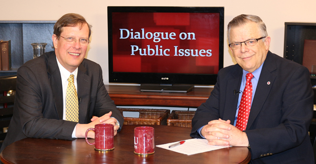 Dr. John Chowning, vice president for church and external relations and executive assistant to  the president of Campbellsville University, right, interviews Dr. Matthew Sleeth, founder and  executive director of Blessed Earth in Lexington, Ky., for his “Dialogue on Public Issues” show. 