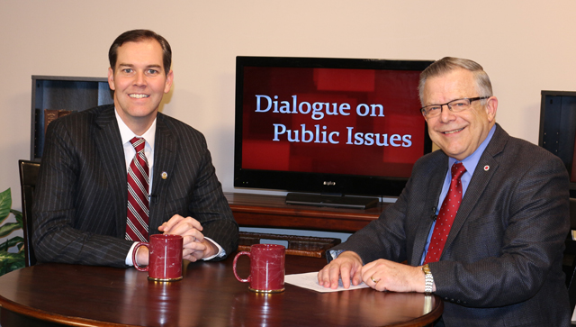 Dr. John Chowning, vice president for church and external relations and executive assistant  to the president of Campbellsville University, right, interviews Max Wise, Kentucky State Senator for District 16, which includes Adair, Clinton, Cumberland, McCreary, Russell, Taylor and Wayne counties, for his “Dialogue on Public Issues” show. 