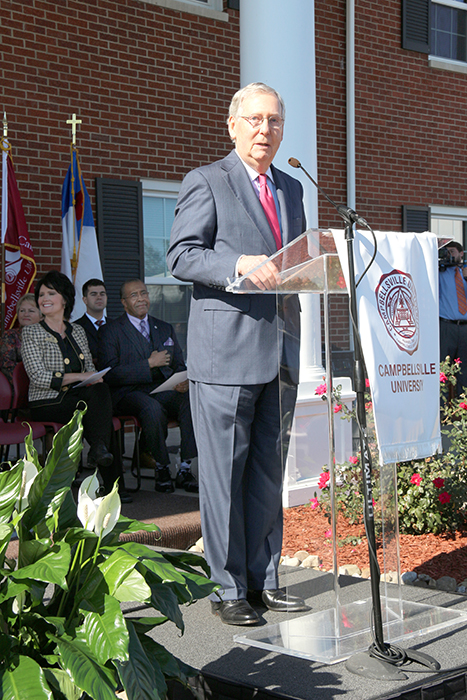 U.S. Sen. Mitch McConnell, Senate Majority leader, praised Campbellsville University for being a leader in Christian higher education as he delivered the dedicatory address. (CU Photo by Drew Tucker)