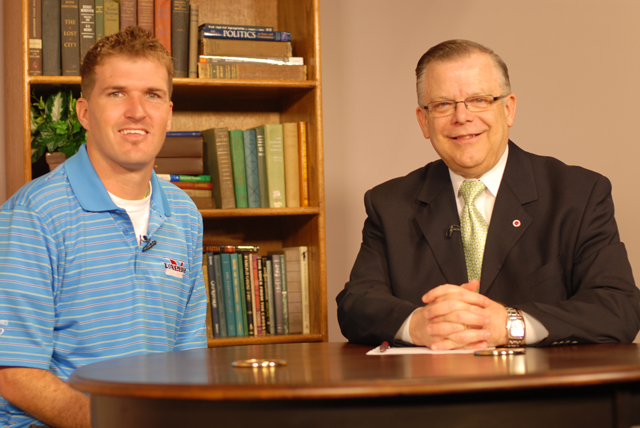 Campbellsville University’s John Chowning, vice president for church and external relations and executive assistant to the president of CU, right, interviewed Micah McElveen of Vapor Sports Ministry on Campbellsville University’s WLCU’s show “Dialogue on Public Issues.” The show will air Sunday, May 1 at 8 a.m.; Monday, May 2 at 1:30 p.m. and 6:30 p.m. and Wednesday, May 4 at 1:30 p.m. and 7 p.m. The show is aired on Comcast Cable Channel 10. (Campbellsville University Photo by Piao Yu)