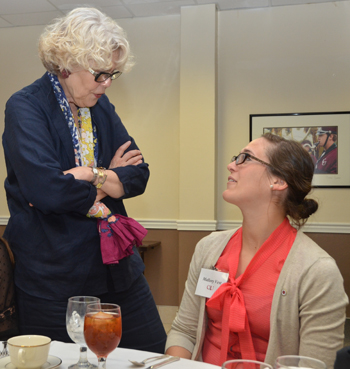 Mallory Vest, a scholarship student from Muskegon, Mich., talks with donor Susan Tesseneer Walters at  the luncheon. (Campbellsville University Photo by Joan C. McKinney)