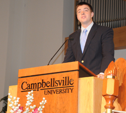 Micah Spicer of Wingo, Ky., president of the Campbellsville University Student  Government Association, told the students their education was a "blessing."  (Campbellsville University Photo by  Christina Miller)