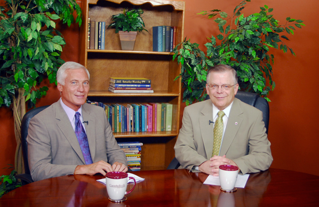 Mike Deaton, left, new superintendent of the Campbellsville Independent School District, was interviewed by John Chowning, vice president for church and external relations and executive assistant to the president at Campbellsville, on his “Dialogue on Public Issues” show. The interview will air on CU’s WLCU TV-4 Sunday, Aug. 9 at 8 a.m.; Monday, Aug. 10, at 1:30 p.m. and 6:30 p.m. and Wednesday, Aug. 12, at 1:30 p.m. and 7 p.m. The show is on Comcast Cable Channel 10. (Campbellsville University Photo by Joan C. McKinney)