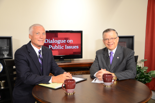 Campbellsville University’s John Chowning, vice president for church and external relations and executive assistant to the president of CU, right, interviews Mike Deaton, Campbellsville Independent Schools superintendent, on his “Dialogue on Public Issues” show on Campbellsville University’s WLCU-TV. Deaton is part of a series on “Education Today in Campbellsville and Taylor County.” The show will air Sunday, Aug. 12 at 8 a.m.; Monday, Aug. 13 at 1:30 p.m. and 6:30 p.m.; Tuesday, Aug. 14 at 1:30 p.m. and 6:30 p.m.; Wednesday, Aug. 15 at 1:30 p.m. and 6:30 p.m.; Thursday, Aug. 16 at 8 p.m.; and Friday, Aug. 17 at 8 p.m. The show is aired on Campbellsville’s cable channel 10 and is also aired on WLCU FM 88.7 at 8 a.m. Sunday, Aug. 12. (Campbellsville University Photo by Christina L. Kern)