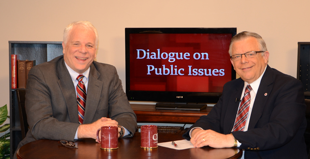 Dr. John Chowning, vice president for church and external relations and executive assistant to the president of Campbellsville University, right, interviews Dr. Mike Glenn, senior pastor of Brentwood Baptist Church in Brentwood, Tenn., for his “Dialogue on Public Issues” show. 