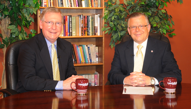 Campbellsville University’s John Chowning, vice president for church and external relations and executive assistant to the president of CU, right, interviewed United States Senator Mitch McConnell, left, on Campbellsville University’s WLCU’s show “Dialogue on Public Issues.” The show will air at Sunday, Sept. 19 at 8 a.m.; Monday, Sept. 20 at 1:30 p.m. and 6:30 p.m. and Wednesday, Sept. 22 at 1:30 p.m. and 7 p.m. The show is aired on Comcast Cable Channel 10. (Campbellsville University Photo by Joan C. McKinney)