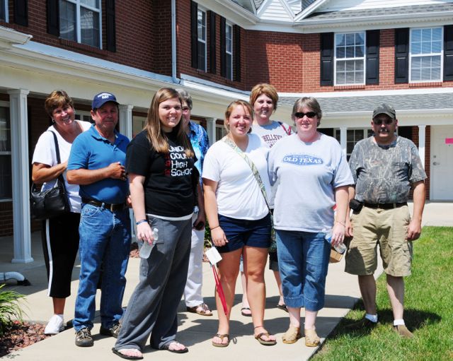 A friendship began between the two young students Lauren Moore, center left, and Deanna Yocum, center right, at freshman orientation and they decided to be roommates in one of the Campbellsville University Village residences. On move-in day, they were surrounded by family members who came to help their students get settled in. From left in front are: Lauren Moore, Sturgis, Ky.; Deanna Yocum, Halls Gap, Ky.; and Deanna’s mom, Linda and dad Mark Yocum. In back, from left, are: Roger and Karen Rushing, Lauren’s “gamma and gampa” from Sturgis; Rita “Mamaw” Williamson, Lauren’s great grandmother from Sturgis; and Rebecca Heidrich, Lauren’s mom. (Campbellsville University photo by Linda Waggener)
