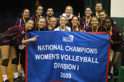 The Campbellsville University Lady Tigers Volleyball team clinched the title of NCCAA National Champions last week in Kissimmee, Fla. Team members pictured in the front row, from left, are: Caroline Martin, Brooke Marcum, Shannon Cahill, Caitlin Dresing, Lilian Dasilva, Jovana Koprivicia and Lilian Odek. Second row: Assistant Coach Amy Eckenfels, Whitney Haynes, Coach Randy LeBleu, Renee Netherton, Samatha James and Christiana Sindelar. In back is trainer Jim Nichols.