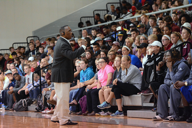 Nate Carr, a three-time national champion wrestler at Iowa State, speaks to student-athletes at Powell Athletic Center. (Campbellsville University Photo by Richard RoBards)