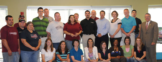 New staff members at Campbellsville University include from left: Front row – James Downs, Brenda Porter, Laura Cromer, Lindsey Benningfield, Alice Steele, Michelle Barnard, Katie Carpenter, Shajuana Ditto, Charis Young and Stephanie Lewis. Second row – Chad Wilson, Joseph Mattingly, Willie Milburn, Josie Masterson, Brandon Thompson, Jon Hansford, Megan Davidson, Andrew Franklin and Dr. Keith Spears. Back row – Matt Mullins, Bryce White, Joe Milazzo, hidden; John Rausch, Ed Goble and Chris Davis. (Campbellsville University Photo by Ashley Zsedenyi)