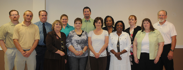 Campbellsville University’s new faculty members are from left: Front row – Luke Beling, English as a Second Language instructor/overseas emphasis; Dr. Kathleen Filkins, associate professor of education and coordinator of Louisville Education Programs; Susan Blevins, assistant professor of education; Rhonda Vale, clinical lab coordinator; Dr. Colleen Walker, assistant professor of education; and Marilyn Goodwin, instructor in Early Childhood Education. Back row – Dr. Shawn Williams, assistant professor of political science; Dr. David Hedrick, assistant professor of music; Dr. Janet M. Miller, assistant professor of biology; Matt Hodge, instructor of music and fine arts recruiter; Dr. Priscilla Bramme, assistant professor of education; Allison Timbs, assistant professor of criminal justice; and Dr. Kellie Cody, assistant professor of social work. (Campbellsville University Photo by Christina Miller)
