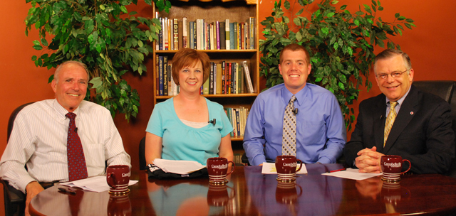 Campbellsville University’s WLCU TV-4 will air a “Dialogue on Public Issues” show with, from left: Bill Chandler, Erin Johnson and Brian Clifford, and host John Chowning, vice president for church and external relations and executive assistant to the president, discussing the proposed nickel tax for the Taylor County School System. The show will be aired: Sunday, May 23, at 8 a.m.: Monday, May 24, at 1:30 p.m. and 6:30 p.m. and Wednesday, May 26, at 1:30 p.m. and 7 p.m. (Campbellsville University Photo by Munkh-Amgalan Galsanjamts)