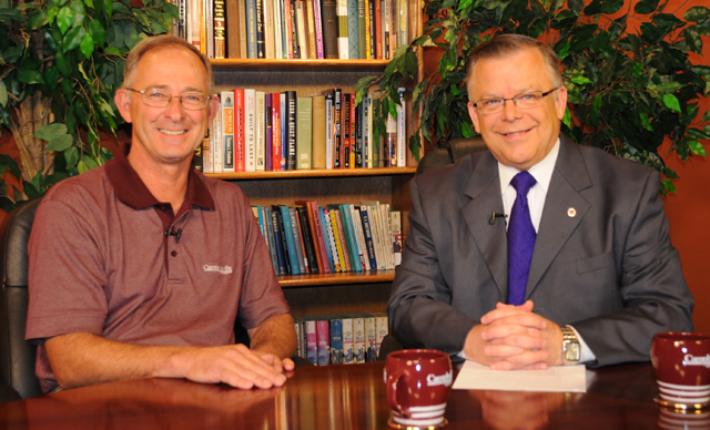 Campbellsville University’s John Chowning, vice president for church and external relations and executive assistant to the president of CU, right, interviewed Gary Osborne, left, on Campbellsville University’s WLCU’s show “Dialogue on Public Issues.” Osborne is running for the Taylor County Judge/Executive position. The show will air at Sunday, Aug. 22 at 8 a.m.; Monday, Aug. 23 at 1:30 p.m. and 6:30 p.m. and Wednesday, Aug. 25 at 1:30 p.m. and 7 p.m. The show is aired on Comcast Cable Channel 10. (Campbellsville University Photo by Christina Miller)