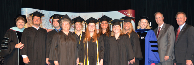 The P-12, elementary education students pinned from left are: from left: Front row —Jo Ann Harris, Abby Lanham and Anne Russell Blevins. Back row –Dr. Brenda Priddy, Trevor Ervin, Joe Gupton, Lindsey Harrod, Aubrey Skutt and Bobby Jo Sturm with Dr. Donna Hedgepath, Dr. Michael V. Carter and Dr. Frank Cheatham. (Campbellsville University Photo by Joan C. McKinney)