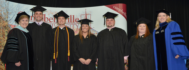 Pinning students in P-12, elementary/secondary education from left were Dr. Brenda Priddy, dean of the School of Education, far left, and Dr. Donna Hedgepath, associate profess or education and chair of undergraduate programs. Students, from left: are Shane Morris, Ben Grey, Jenna Embry, Jericho McCoy and Shana Palumbo. (Campbellsville University Photo by Joan C. McKinney)