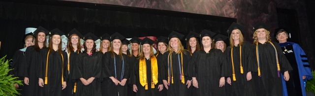 Campbellsville University students, from left, who attended the pinning and who received P-5, elementary education degrees are: Brooke Cato, Danielle Bastin, McLane Farr, Maggie Cloyd, Kotey Crowe, Countney Gupton, Nancy Meadows, Trista Schwoebel, Maribeth Milburn, Chelsea Smith, Alena Maggard, Kaela Vessels, Robin Smith, Corinne Watson, Delana Hendrix and Megan Parson. (Campbellsville University Photo by Joan C. McKinney)