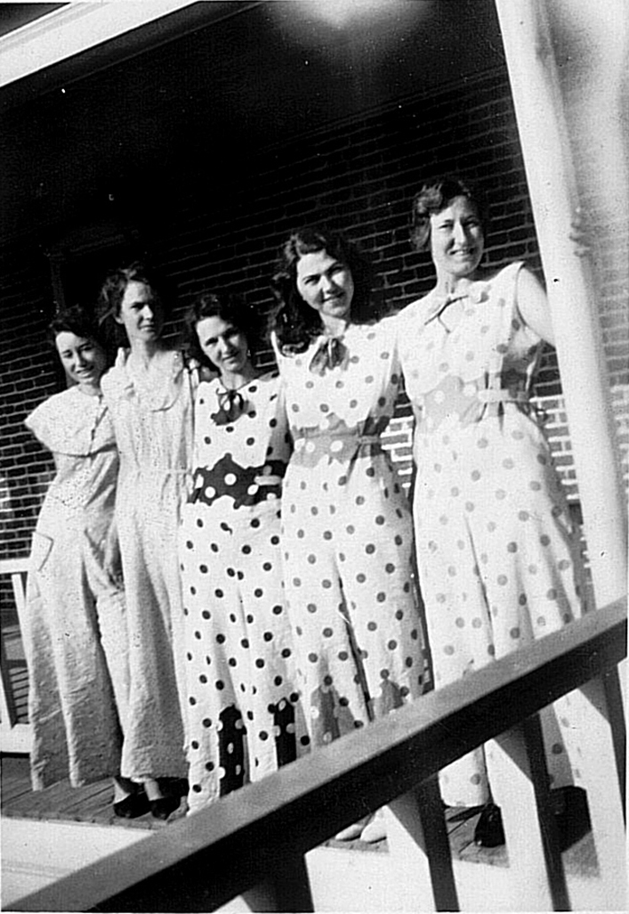 Pauline Dunn, second from the right, is shown here on the porch of old Stapp Hall with her fellow students, wearing different colored polka dot outfits. The girl on the far right is Dunn’s lifetime friend, Mary Kate Farris, who taught at Fern Creek High School for years until retirement and is now deceased.  (Photo submitted)