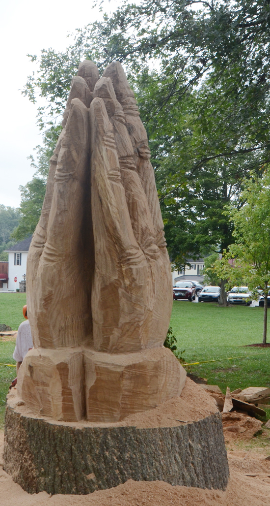 The praying hands are made from an old oak tree on Stapp Lawn by Rob Peterson  of Louisville. (Campbellsville University Photo by Kyle Perkins)