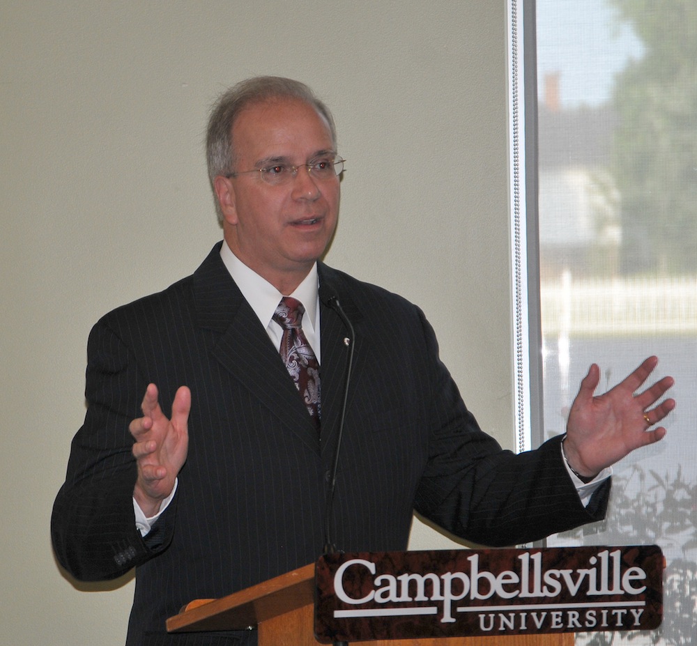 Campbellsville University president Michael V. Carter welcomed new employees in a reception Friday evening, Aug. 23, the eve of move-in weekend. (Campbellsville University photo by Linda Waggener)