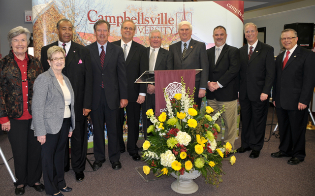 Among those at the dedication of the Ron Lewis’ congressional papers were from left: Virginia Flanagan, special assistant to the president; Dr. Mary Wilgus, dean of the College of Arts and Sciences; Dr. Joseph Owens, chairman of the Board of Trustees; Ron Lewis; Tony Young, mayor of Campbellsville; Eddie Rogers, Taylor County judge/executive; Congressman John Duncan, U.S. Representative for the 2nd District in Tennessee; John (Bam) Carney, Kentucky State Representative; Dr. Michael V. Carter; and John Chowning, vice president for church and external relations and executive assistant to the president. (Campbellsville University Photo by Linda Waggener)