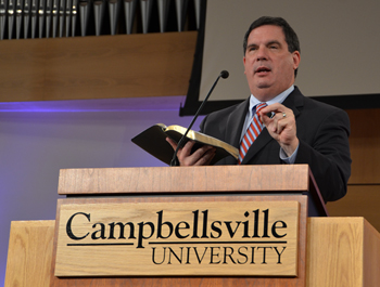 Dr. Thom Rainer, president of CEO of LifeWay Christian Resources, told church leaders to  encourage their members to read the Bible daily and get involved in small groups to begin a  transformation in your local church. (Campbellsville University Photo by Christina L. Kern)
