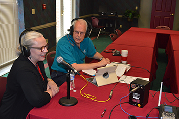 Rande Swann, left, adjunct instructor in public relations, and Dr. Chris Conver, assistant professor of theology, discuss the NBC television series “AD The Bible Continues” on a live WFIA Louisville talk show “Ask Joyce” with Joyce Oglesby from the Louisville Education Center. 