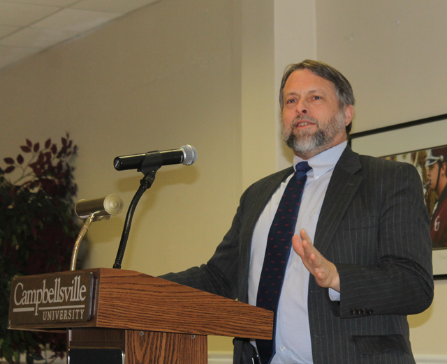  Doug Bandow, who served with the late President Ronald Reagan, discussed "What Would Ronald Reagan say in 2012" in a Campbellsville University Kentucky Heartland Institute on Public Policy (KHIPP) event. (Campbellsville University Photo by Sarah Ames)