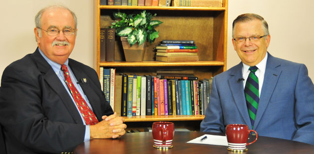 Campbellsville University’s John Chowning, vice president for church and external relations and executive assistant to the president of CU, right, interviews Billy Reed, columnist and TV personality, on WLCU TV for the “Dialogue on Public Issues” show. The show will air Sunday, Feb. 19 at 8 a.m.; Monday, Feb. 20 at 1:30 p.m. and 6:30 p.m.; Tuesday, Feb. 21 at 1:30 p.m. and 6:30 p.m.; Wednesday, Feb. 22 at 1:30 p.m. and 6:30 p.m.; Thursday, Feb. 23 at 8 p.m.; and Friday, Feb. 24 at 8 p.m. The show is aired on Campbellsville’s cable channel 10 and is also aired on WLCU FM 88.7 at 8 a.m. Sunday, Feb. 19. (Campbellsville University Photo by Naranchuluu Amarsanaa)