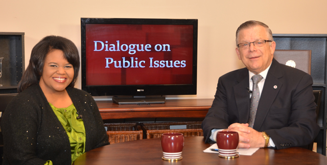 Campbellsville University’s John Chowning, vice president for church and external relations and executive assistant to the president of CU, right, interviews Renee Shaw, Kentucky Educational Television journalist and host of “Connections with Renee Shaw,” for his “Dialogue on Public Issues” show.