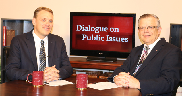 Dr. John Chowning, vice president for church and external relations and executive assistant to the  president of Campbellsville University, right, interviews Richard Nelson, executive director of  Commonwealth Policy Institute of Herndon, Ky., for his “Dialogue on Public Issues” show. 