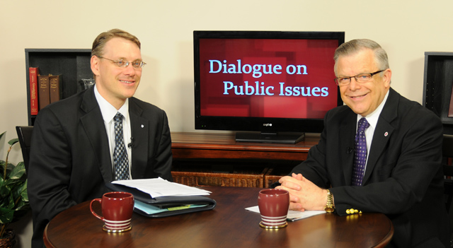 Campbellsville University’s John Chowning, vice president for church and external relations and executive assistant to the president of CU, right, interviews Richard Nelson, executive director for Commonwealth Policy Center in Herndon, Ky., for his “Dialogue on Public Issues” show. The show will air Sunday, June 9 at 8 a.m.; Monday, June 10 at 1:30 p.m. and 6:30 p.m.; and Wednesday, June 12 at 1:30 p.m. and 6:30 p.m. The show is aired on Campbellsville’s cable channel 10 and is also aired on WLCU FM 88.7 at 8 a.m. and 6:30 p.m. Sunday, June 9. (Campbellsville University Photo by Ye Wei “Vicky”)
