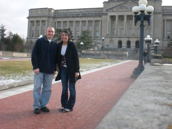 Lance Riddle, left, and Cristy Asbury pose in front of the Kentucky State Capitol building during their participation in the annual Governor's Prayer Breakfast and the first Seminar for Emerging Leaders.