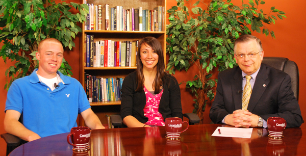 Campbellsville University’s WLCU TV-4 will air a “Dialogue on Public Issues” show with two students, Lance Riddle of and Christy Asbury, both of Louisville, Ky., Wednesday, May 5 at 1:30 p.m. and 7 p.m. They are pictured with John Chowning, vice president for church and external relations and executive assistant to the president, on his Dialogue on Public Issues show. The students discussed their appearance at the Governor’s Prayer Breakfast and a leadership seminar. The show was also aired May 2 and 3. (Campbellsville University Photo by Munkh-Amgalan Galsanjamts)