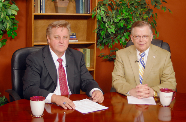 Roger Cook, left, new superintendent of the Taylor County School District, was interviewed by John Chowning, vice president for church and external relations and executive assistant to the president at Campbellsville, on his “Dialogue on Public Issues” show. The interview will air on CU’s WLCU TV-4 Sunday, Aug. 16 at 8 a.m.; Monday, Aug. 17, at 1:30 p.m. and 6:30 p.m. and Wednesday, Aug. 19, at 1:30 p.m. and 7 p.m. The show is on Comcast Cable Channel 10. (Campbellsville University Photo by Joan C. McKinney)