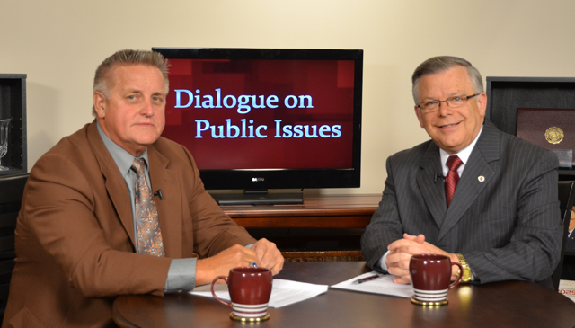 Campbellsville University’s John Chowning, vice president for church and external relations and executive assistant to the president of CU, right, interviews Roger Cook, Taylor County school superintendent, on his “Dialogue on Public Issues” show on Campbellsville University’s WLCU-TV. Cook is part of a series on “Education Today in Campbellsville and Taylor County.” The show will air Sunday, Aug. 5 at 8 a.m.; Monday, Aug. 6 at 1:30 p.m. and 6:30 p.m.; Tuesday, Aug. 7 at 1:30 p.m. and 6:30 p.m.; Wednesday, Aug. 8 at 1:30 p.m. and 6:30 p.m.; Thursday, Aug. 9 at 8 p.m.; and Friday, Aug. 10 at 8 p.m. The show is aired on Campbellsville’s cable channel 10 and is also aired on WLCU FM 88.7 at 8 a.m. Sunday, Aug. 5. (Campbellsville University Photo by Joan C. McKinney)