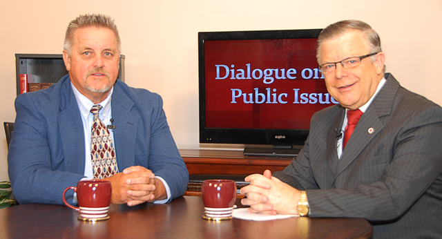 Campbellsville University’s John Chowning, vice president for church and external relations and executive assistant to the president of CU, right, interviews Roger Cook, superintendent of the Taylor County School District, for his “Dialogue on Public Issues” show. The show will air Sunday, Aug. 11 at 8 a.m.; Monday, Aug. 12 at 1:30 p.m. and 6:30 p.m.; and Wednesday, Aug. 14 at 1:30 p.m. and 6:30 p.m. The show is aired on Campbellsville’s cable channel 10 and is also aired on WLCU FM 88.7 at 8 a.m. and 6:30 p.m. Sunday, Aug. 11. (Campbellsville University Photo by Drew Tucker)