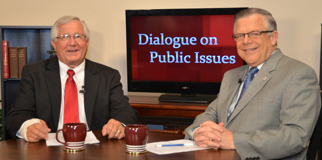 Campbellsville University’s John Chowning, vice president for church and external relations and executive assistant to the president of CU, right, interviews Taylor County Judge/Executive Eddie Rogers for his “Dialogue on Public Issues” show. The show will air Sunday, Aug. 18 at 8 a.m.; Monday, Aug. 19 at 1:30 p.m. and 6:30 p.m.; and Wednesday, Aug. 21 at 1:30 p.m. and 6:30 p.m. The show is aired on Campbellsville’s cable channel 10 and is also aired on WLCU FM 88.7 at 8 a.m. and 6:30 p.m. Sunday, Aug. 18. (Campbellsville University Photo by Drew Tucker)