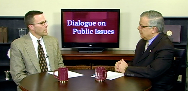 Dr. John Chowning, vice president for church and external relations and executive assistant to the president of Campbellsville University, right, interviews Ron McMahan, executive director of  Team Taylor County, Campbellsville/Taylor County Economic Development Authority, for his  “Dialogue on Public Issues” show. 