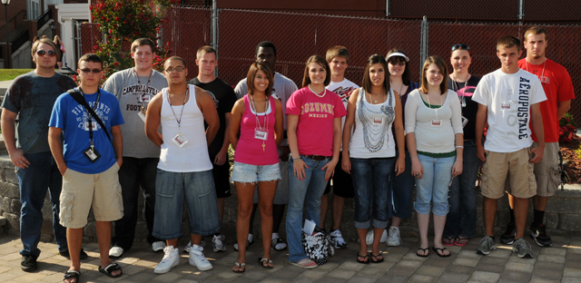 Campbellsville University's three-week Summer Education Experience program prepares students for college life. SEE program participants for 2010 include from left: Front row -- Mark Lancaster of Lawrenceburg, Ky.; Tyvone Reardon of Springfield, Ky.; Rebecca Nehring of Williamstown, Ky.; Alex Martin of Unionville, Tenn.; Kathryn Maldini of Bardstown, Ky.; Christen Spradlin of Monticello, Ky., and Jacob Sims of Danville. Back row -- Tyler Bland of Campbellsville, Ky.; Zach Elza of Hebron, Ky.; Ryan Gibson of Louisville, Ky.; Brandon Lott of Louisville, Ky.; Cody Clark of Lebanon Junction, Ky.; Kristen Lizer of Lexington, Ky.; Quinn Judd of Greensburg, Ky.; and Jordan Majors of Smiths Grove, Ky. (Campbellsville University Photo by Christina Miller)