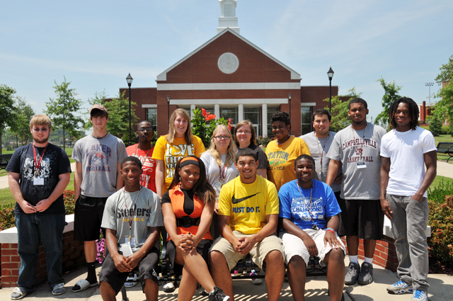 Participants in Campbellsville University’s 2012 Summer Education Experience (SEE) program are: front row, from left-- Fontez Hill of LaCenter, Ky.; Charity Tharpe of Paris, Tenn.; Trey Henry of Lebanon, Ky.; and Ireesh Gray of Shelbyville, Ky. Back row-- Dustin Milby of Summersville, Ky.; Brandon Bunch of Russell Springs, Ky.; Harold Anderson of Louisville, Ky.; Anneliese Way of Versailles, Ky.; Elizabeth Trainer of Hustonville, Ky.; Becca Noel of Bardstown, Ky.; Kayla McRae of Lexington, Ky.; Jesús Berlanga a native of Saltillo, Mexico who recently moved to Lebanon, Ky.; Ben Brooks of Louisville, Ky.; and Jourdon Redmond of Justice, Ill. (Campbellsville University Photo by Christina L. Kern)